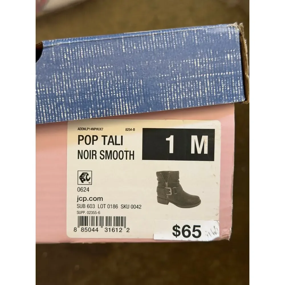 NEW! Pop Girls Tali Girls Biker Ankle Boots Black Size 1M Motorcycle Bootie
